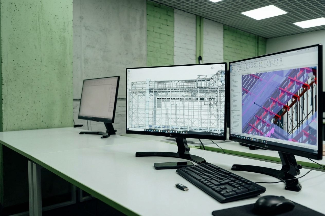Engineering workstation with 3D structural models on two monitors